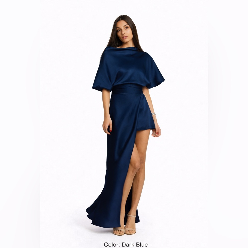 Macedonian Designer Satin Gown — Dark Blue (8)
